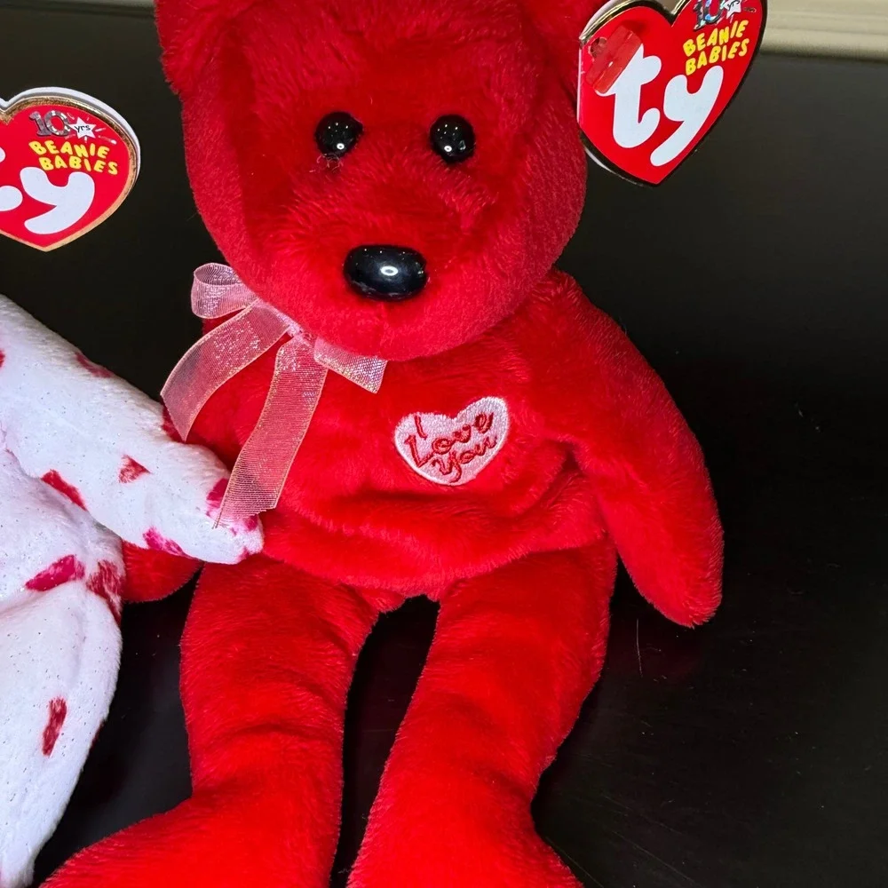 Ty Beanie Babies Kissy and Secret Valentine Bears 2003 10th Anniversary Set